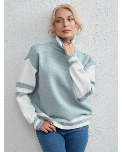 Women Pullover Sweater Two-Tone Turtleneck Long Sleeves Sweaters Chic  Modern Casual Spring Fall Winter