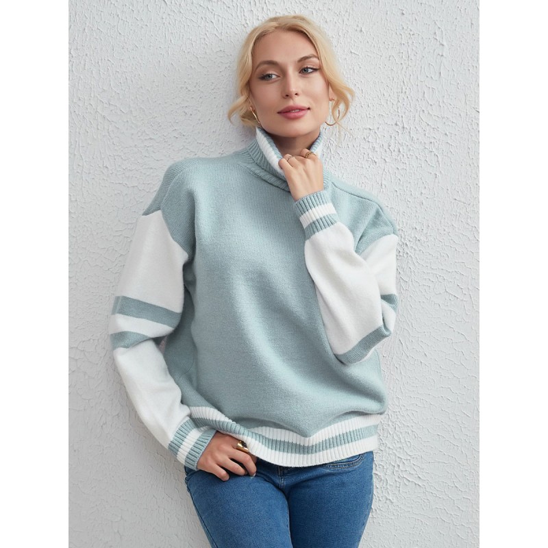 Women Pullover Sweater Two-Tone Turtleneck Long Sleeves Sweaters Chic  Modern Casual Spring Fall Winter