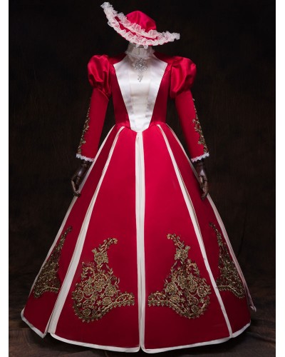 Victorian Dress Costume Women's Red Stand Collar Bubble Long Sleeves Baroque Masquerade Ball Gowns Victorian Era Clothing Retro Costumes Royal Mardi Gras Halloween