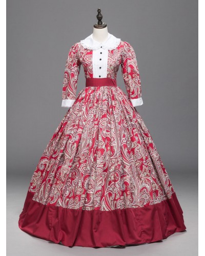 Women Victorian Dress Costumes Red Floral Print Lace Trim Half Sleeves Marie Antoinette Costume Dress Party Prom Dress Sets Vintage Baroque