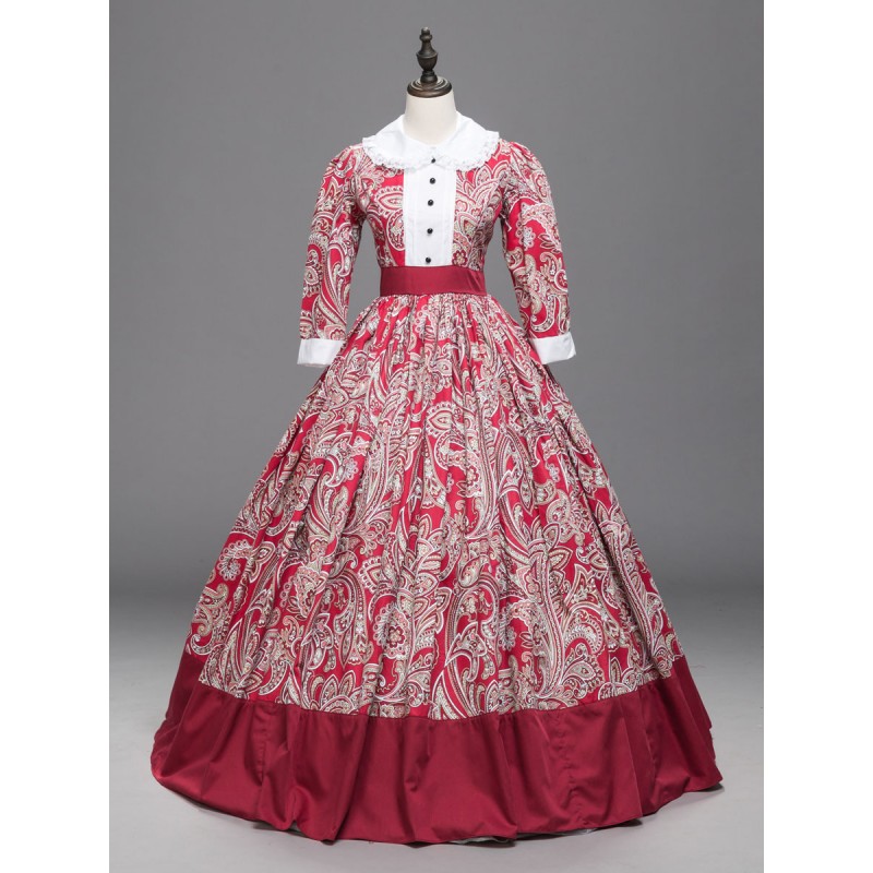 Women Victorian Dress Costumes Red Floral Print Lace Trim Half Sleeves Marie Antoinette Costume Dress Party Prom Dress Sets Vintage Baroque