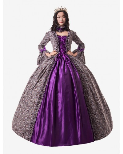 Women Victorian Dress Costume 's Grape Long Sleeves Ruffle Floral Print Ball Gown Victorian Era Style Set With Choker Vintage Clothing Halloween Sets Victorian Era