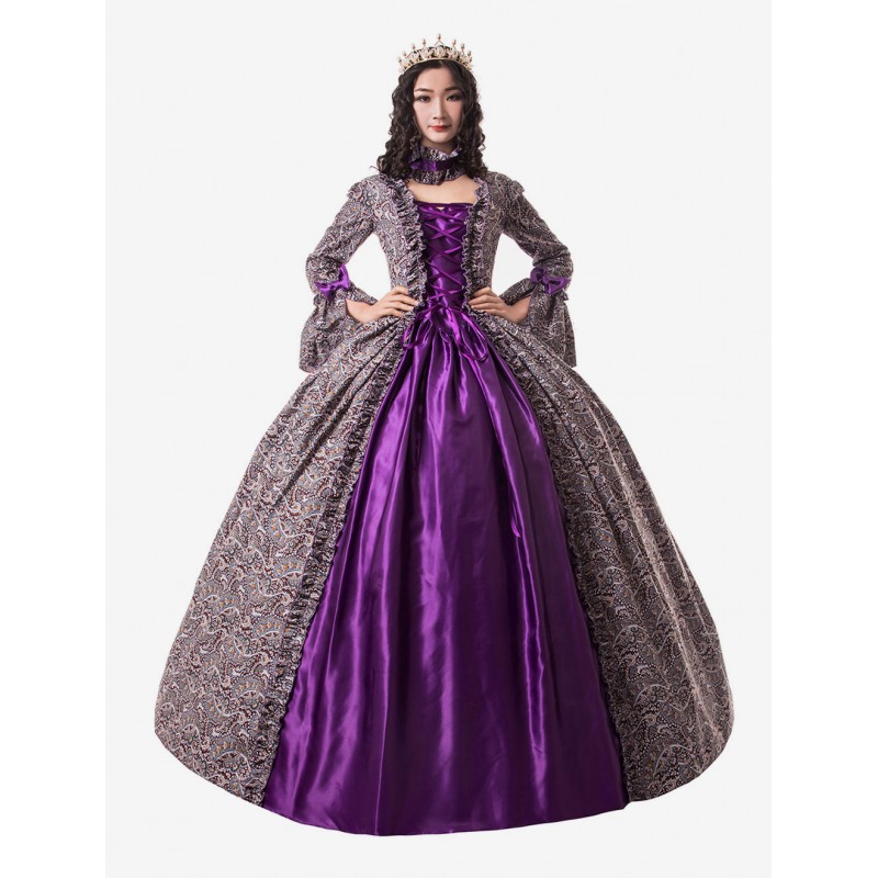 Women Victorian Dress Costume 's Grape Long Sleeves Ruffle Floral Print Ball Gown Victorian Era Style Set With Choker Vintage Clothing Halloween Sets Victorian Era