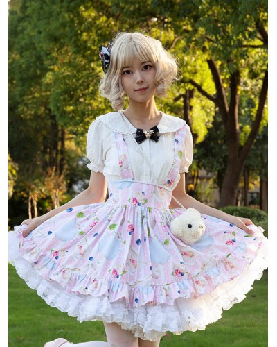 Harajuku Fashion Lolita SK Floral Print Soft Pink Ruffles Lolita Skirts