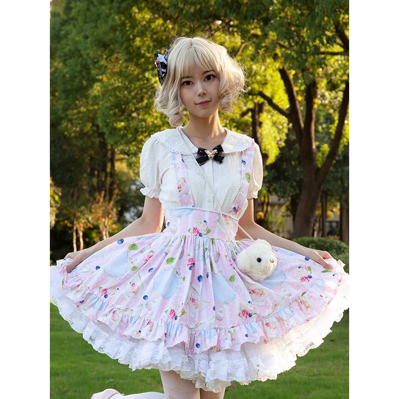 Harajuku Fashion Lolita SK Floral Print Soft Pink Ruffles Lolita Skirts