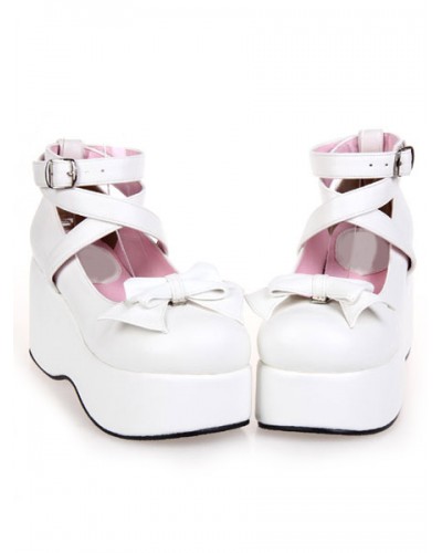 White High Platform Lolita Shoes Ankle Straps Bow Decor Round Toe Sweet Street Wear