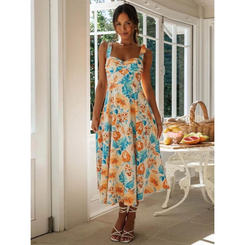 Women Floral Midi Dress Heart Neck Sleeveless Zipper Chic Summer Dresses Sweet Chic  Modern Casual Dating Resort Wear