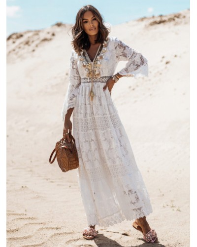 Bohemian Dresses V-Neck Long Sleeves Long Lace Dress For Women Beach