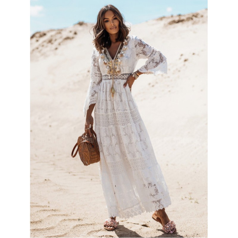 Bohemian Dresses V-Neck Long Sleeves Long Lace Dress For Women Beach