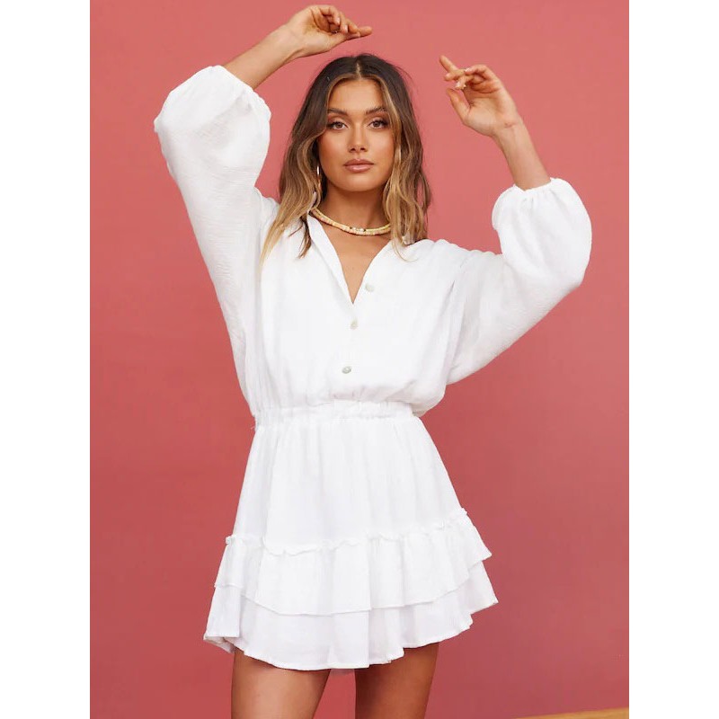 Dresses Ecru White V-Neck Long Sleeves Layered Mini Dresses Shirt Street Wear Daily Casual Dating