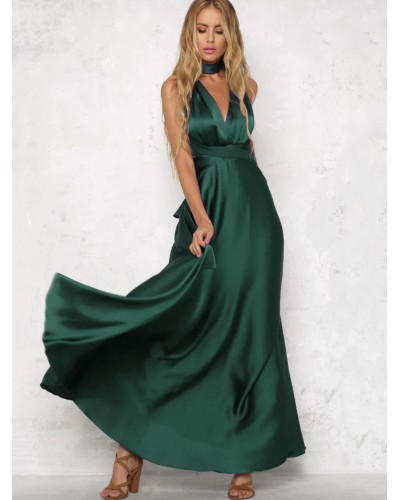 Dress V-Neck Sleeveless Satin Fabric Sexy Floor Length Dress Maxi Party