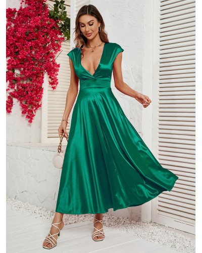 Women Party Dresses Green V-Neck Pleated Sleeveless Semi Formal Dress Maxi Spring Summer Fall