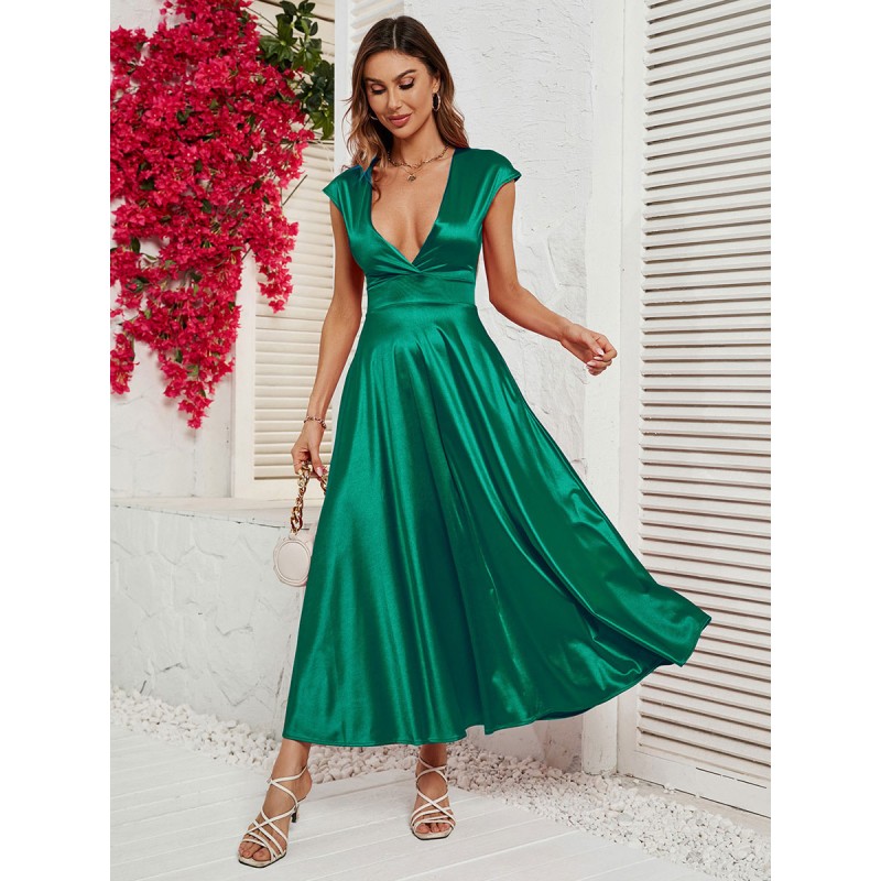 Women Party Dresses Green V-Neck Pleated Sleeveless Semi Formal Dress Maxi Spring Summer Fall