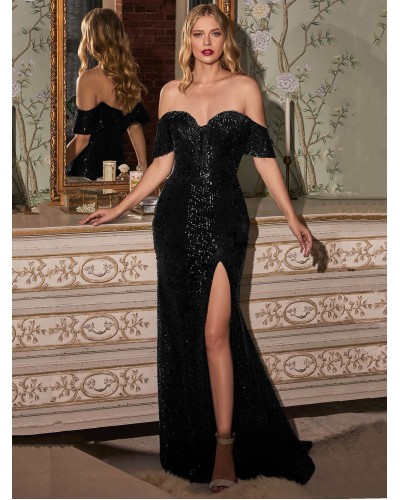 Sequin Dresses Off-Shoulder High-slit Semi Formal Long Dress Sexy Party