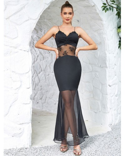 Women Party Dresses Black Straps Neck Lace Sleeveless Sheer Semi Formal Dress Maxi Summer