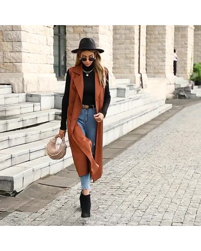 Trench Coat Coffee Brown Sleeveless Long Vest Double Breasted Belt Slim Fit Spring Fall Street Outerwear For Women Classic  Traditional Casual