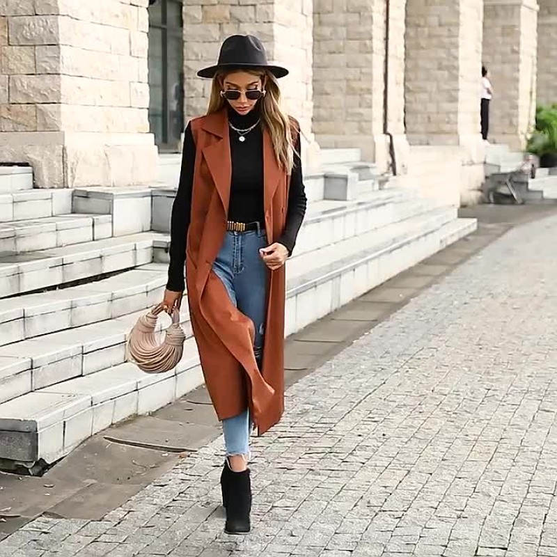 Trench Coat Coffee Brown Sleeveless Long Vest Double Breasted Belt Slim Fit Spring Fall Street Outerwear For Women Classic  Traditional Casual