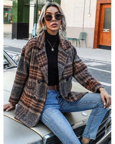 Women Blazer Lapel Long Sleeves Button Plaid Outerwear Tailored Jacket Spring Fall Winter