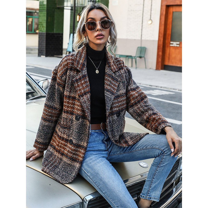 Women Blazer Lapel Long Sleeves Button Plaid Outerwear Tailored Jacket Spring Fall Winter