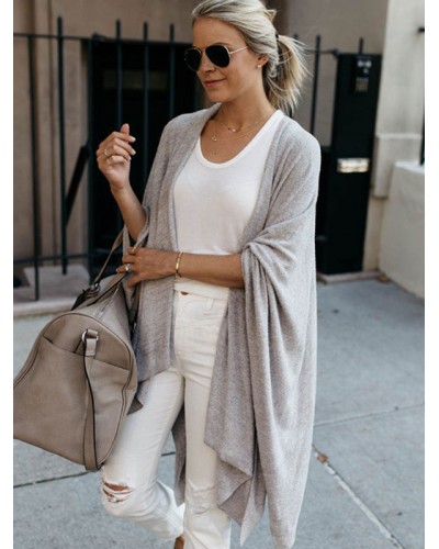 Women Sweaters Cardigans Light Grey Piping Long Sleeves Irregular Overcoat Casual Street Wear Indoor Field