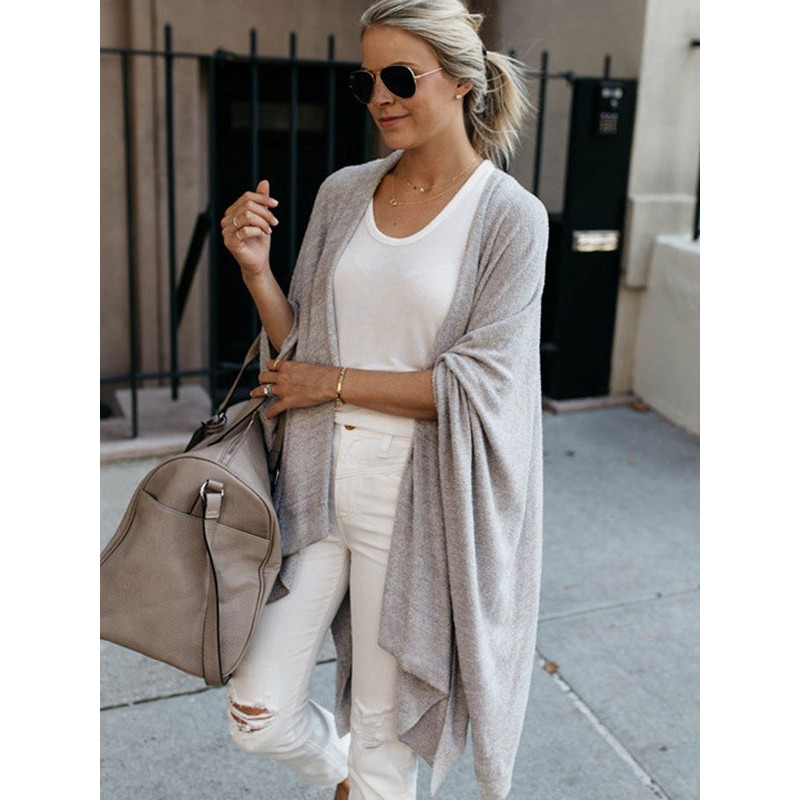 Women Sweaters Cardigans Light Grey Piping Long Sleeves Irregular Overcoat Casual Street Wear Indoor Field