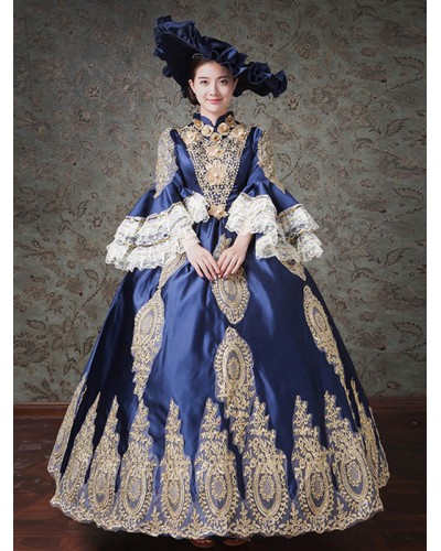 Rococo Victorian Dress Lace Long Sleeve Blue Classical Lolita Dress Classic  Traditional Daily Casual Tea Party