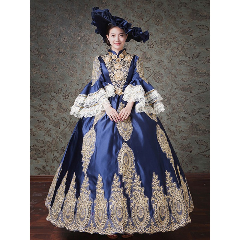 Rococo Victorian Dress Lace Long Sleeve Blue Classical Lolita Dress Classic  Traditional Daily Casual Tea Party