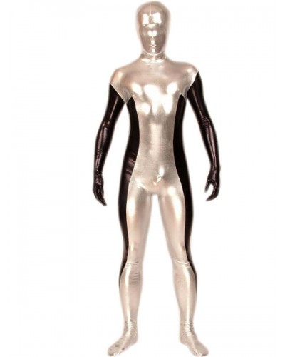 Morph Suit Silver And Black Split Color Shiny Metallic Fabric Zentai Suit Unisex Full Body Suit Bodysuit Patterned