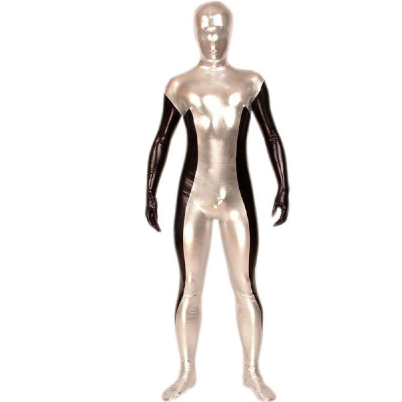 Morph Suit Silver And Black Split Color Shiny Metallic Fabric Zentai Suit Unisex Full Body Suit Bodysuit Patterned