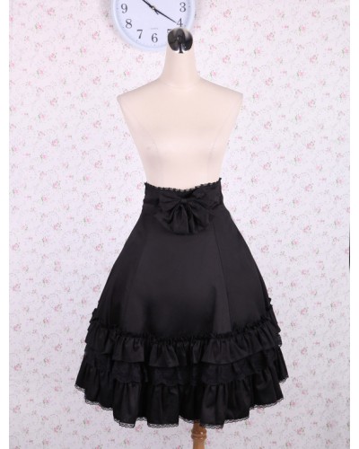 Elegant Black High Waist Lolita Skirt Ruffles Bow And Lace Trim Summer Daily Casual