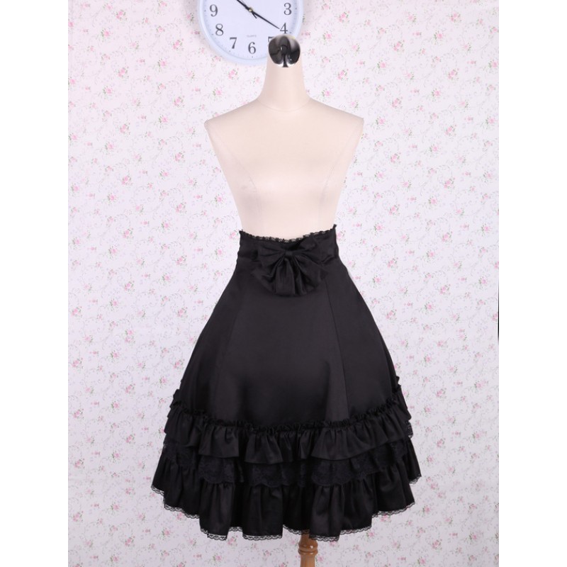 Elegant Black High Waist Lolita Skirt Ruffles Bow And Lace Trim Summer Daily Casual