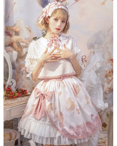 Lolita Outfits White Ruffles Bows Lace Short Sleeves Skirt Top Sets Sweet Daily Casual Tea Party