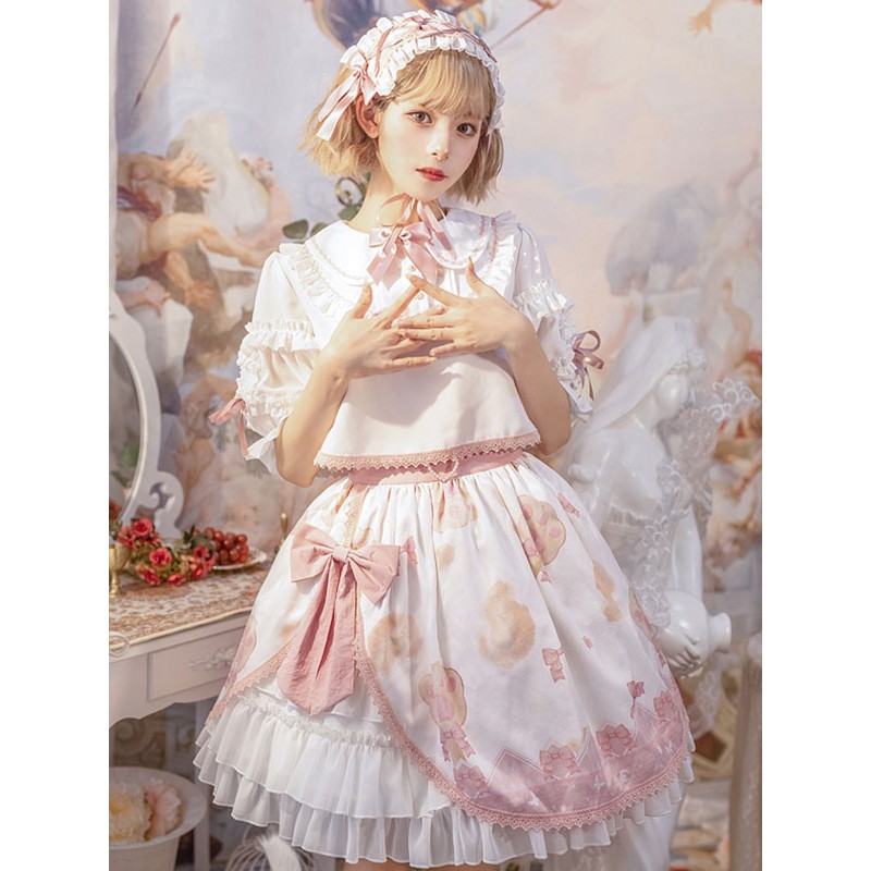 Lolita Outfits White Ruffles Bows Lace Short Sleeves Skirt Top Sets Sweet Daily Casual Tea Party