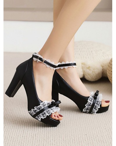 Sweet Lolita Sandals Peep Toe Chunky Heel PU Leather Daily Casual Black Lolita Summer Ankle Strap Heels