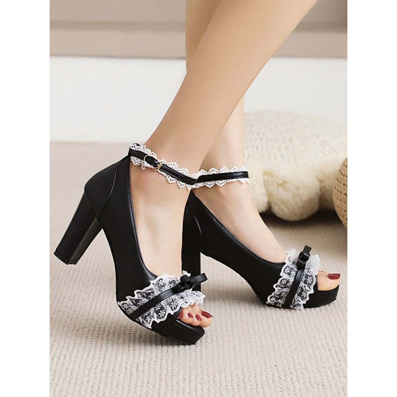 Sweet Lolita Sandals Peep Toe Chunky Heel PU Leather Daily Casual Black Lolita Summer Ankle Strap Heels