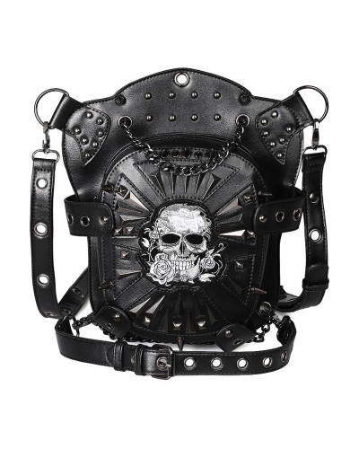 Gothic Lolita Bag Black PU Leather Metal Details Skeleton Pattern Gothic Lolita Backpack Waist Pack Steampunk Daily Casual