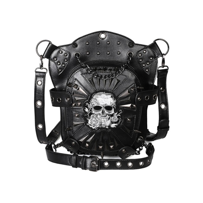 Gothic Lolita Bag Black PU Leather Metal Details Skeleton Pattern Gothic Lolita Backpack Waist Pack Steampunk Daily Casual