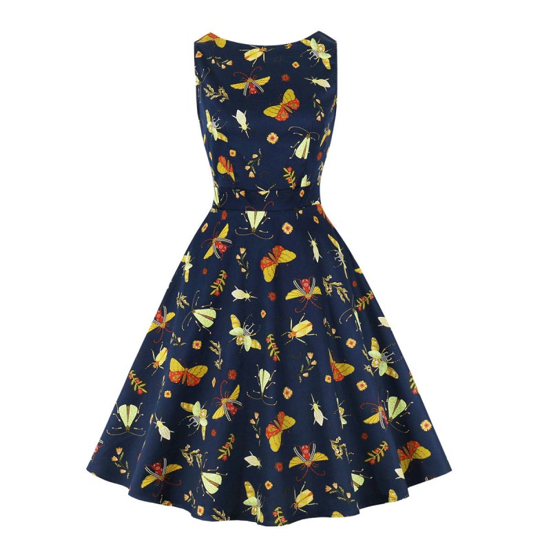 Dress 1950s Audrey Hepburn Style Sleeveless Woman's Knee Length Printed Swing Dress Bodycon Retro Summer