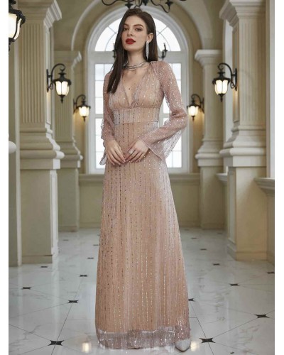 Women Party Dresses Nude V-Neck Sequins Long Sleeves Sheer Semi Formal Dress Elegant Chic  Modern Spring Summer Fall