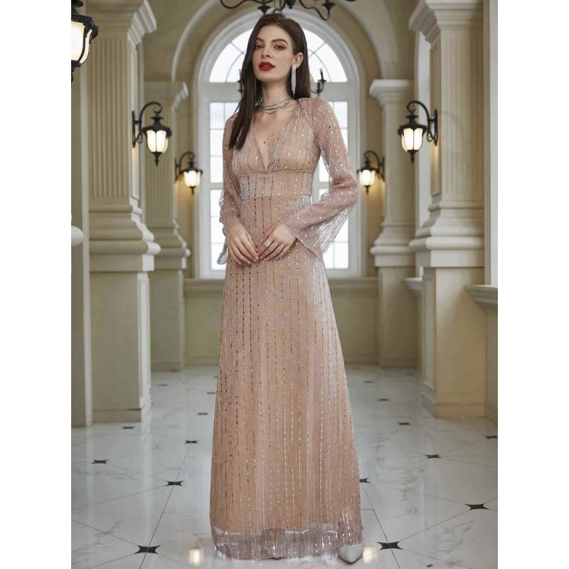 Women Party Dresses Nude V-Neck Sequins Long Sleeves Sheer Semi Formal Dress Elegant Chic  Modern Spring Summer Fall