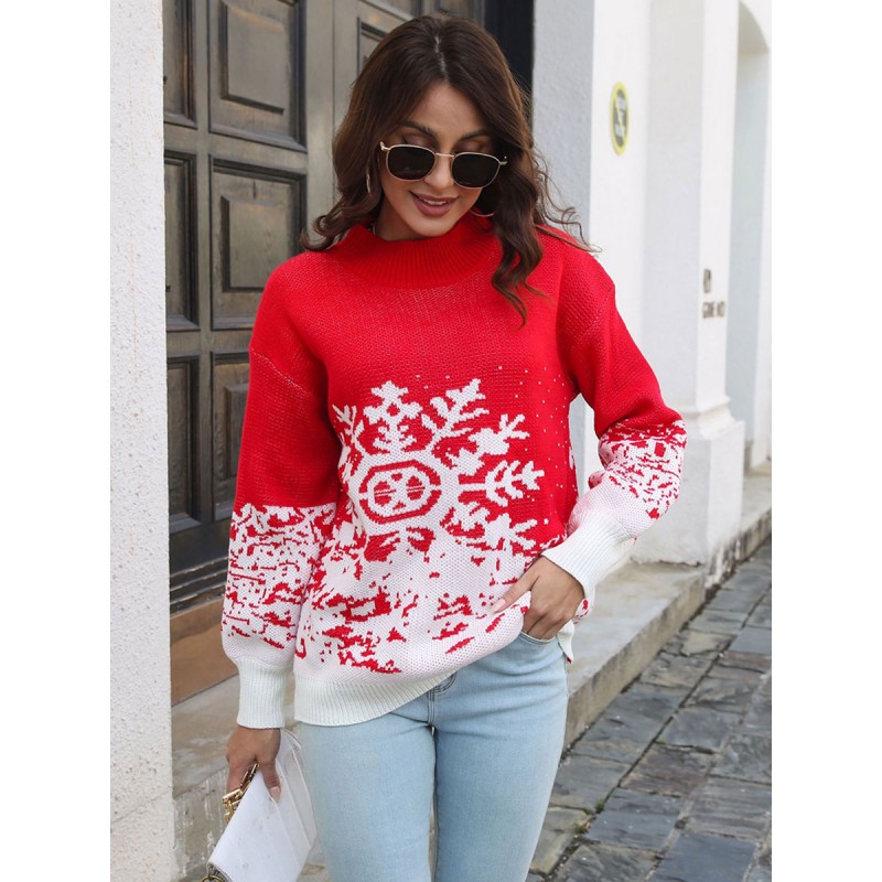 Women Pullovers 2023 Red Christmas Knitted Sweaters Classic  Traditional Casual Spring Fall Winter