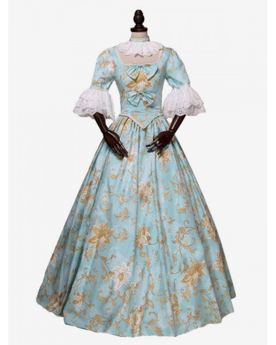 Women Victorian Dress Costume 's Light Sky Blue Rococo Retro Floral Print Marie Antoinette Victorian Era Style Clothing Sets Vintage Baroque