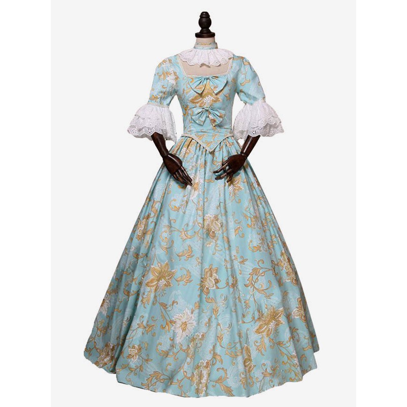 Women Victorian Dress Costume 's Light Sky Blue Rococo Retro Floral Print Marie Antoinette Victorian Era Style Clothing Sets Vintage Baroque