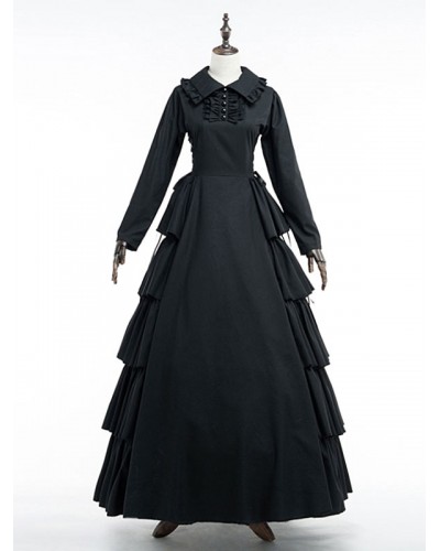 Black Retro Costume Victorian Vintage Dress Women's Cotton Long Sleeve Ruffle Lace Up Maxi Dress Royal Victorian Era Halloween Holiday Pageant