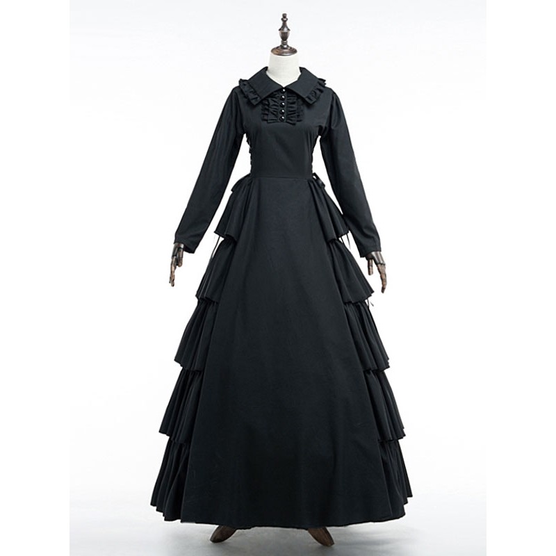 Black Retro Costume Victorian Vintage Dress Women's Cotton Long Sleeve Ruffle Lace Up Maxi Dress Royal Victorian Era Halloween Holiday Pageant