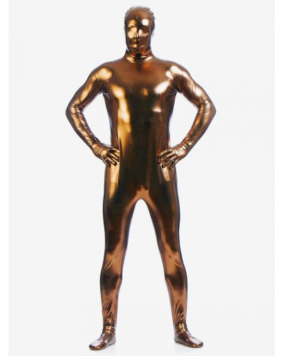 Men Coffee Brown Zentai Suit Adults Full Body Shiny Metallic Bodysuit For Solid