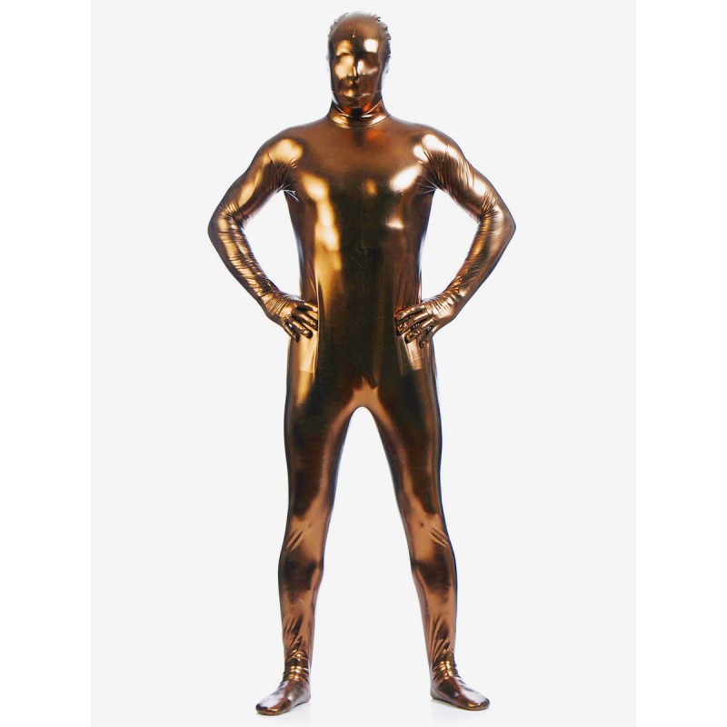 Men Coffee Brown Zentai Suit Adults Full Body Shiny Metallic Bodysuit For Solid