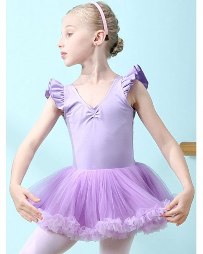 Women Ballet Dress Lilac 's Kid's Dancer Cut Out Ruffles Artwork Pleated Cotton Blend Dress Dancing Wear Tunic Elegant Art Deco/Retro