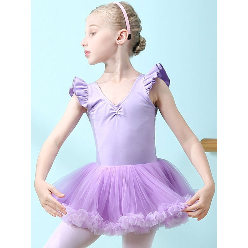 Women Ballet Dress Lilac 's Kid's Dancer Cut Out Ruffles Artwork Pleated Cotton Blend Dress Dancing Wear Tunic Elegant Art Deco/Retro