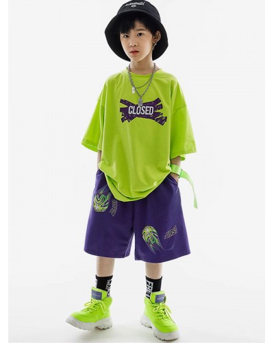 Dance Costumes Kid's Grass Green Unisex Pants Top Set Cotton Street Costume Hip Hop Dancing Party Ball